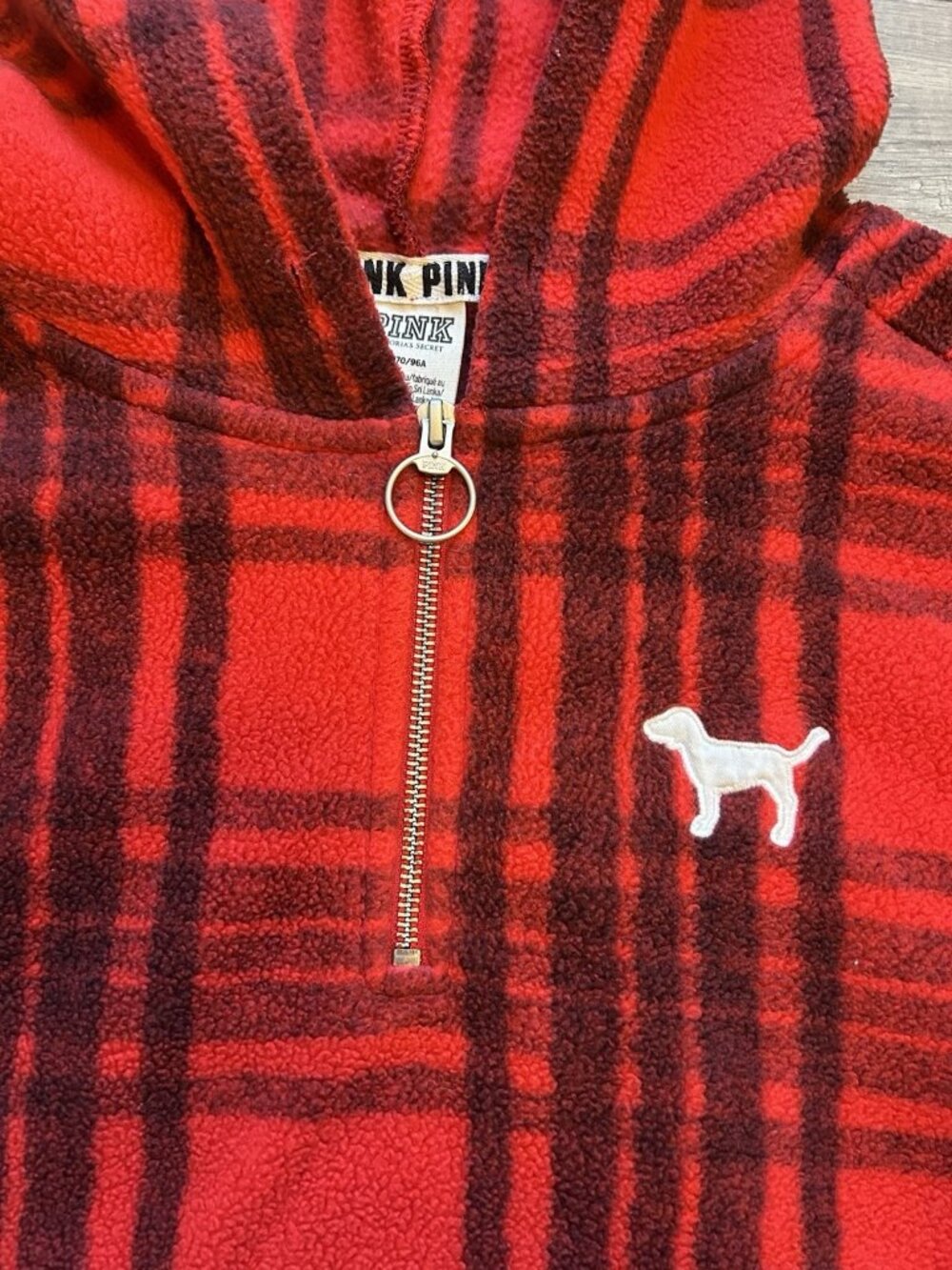 PINK Victoria's Secret Medium Polar Fleece Red Black Plaid Half-Zip Hoodie Gift - Picture 5 of 11